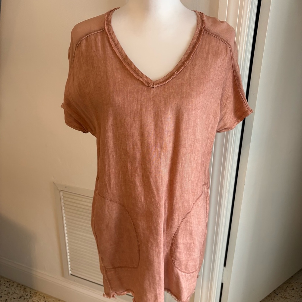 WEARABLES FLAX Linen Blend Salmon Color Tunic Top. Short Raglan Sleeve. Loose.